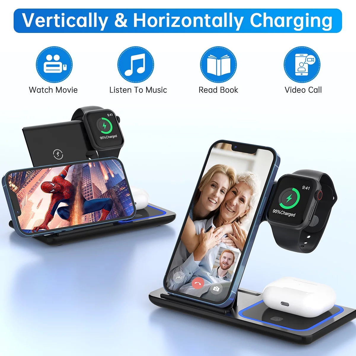 Wireless Charger, 18W Fast Iphone Charging Station for Iphone 16/15/14/13/12 /11/Pro Max/Plus, 3 in 1 Wireless Charging Stand for Apple Watch Series SE 10/9/8/7/6/5/4/3, Airpods Pro/3/2 (W/ QC3.0 Adapter)