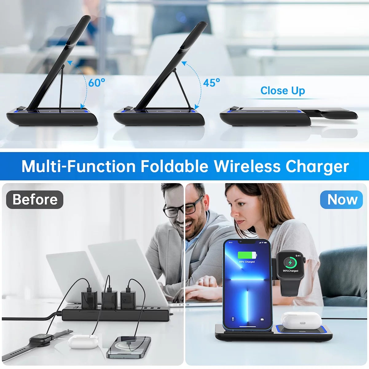 Wireless Charger, 18W Fast Iphone Charging Station for Iphone 16/15/14/13/12 /11/Pro Max/Plus, 3 in 1 Wireless Charging Stand for Apple Watch Series SE 10/9/8/7/6/5/4/3, Airpods Pro/3/2 (W/ QC3.0 Adapter)