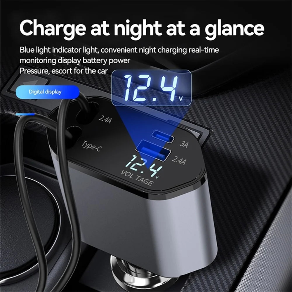 Ultimate 4-in-1 Fast Car Charger - 100W Power with iPhone & Type C Cables + Dual Charging Ports