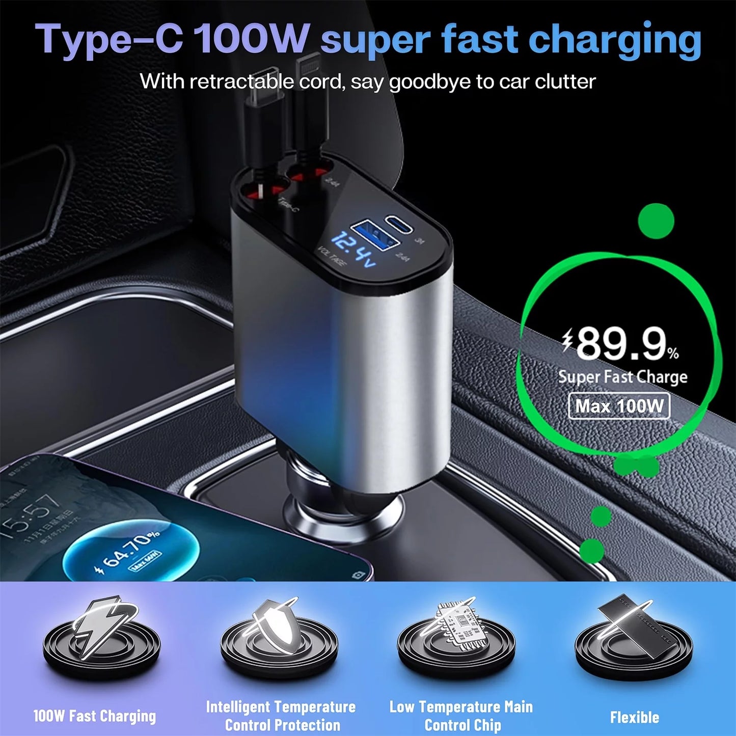 Ultimate 4-in-1 Fast Car Charger - 100W Power with iPhone & Type C Cables + Dual Charging Ports