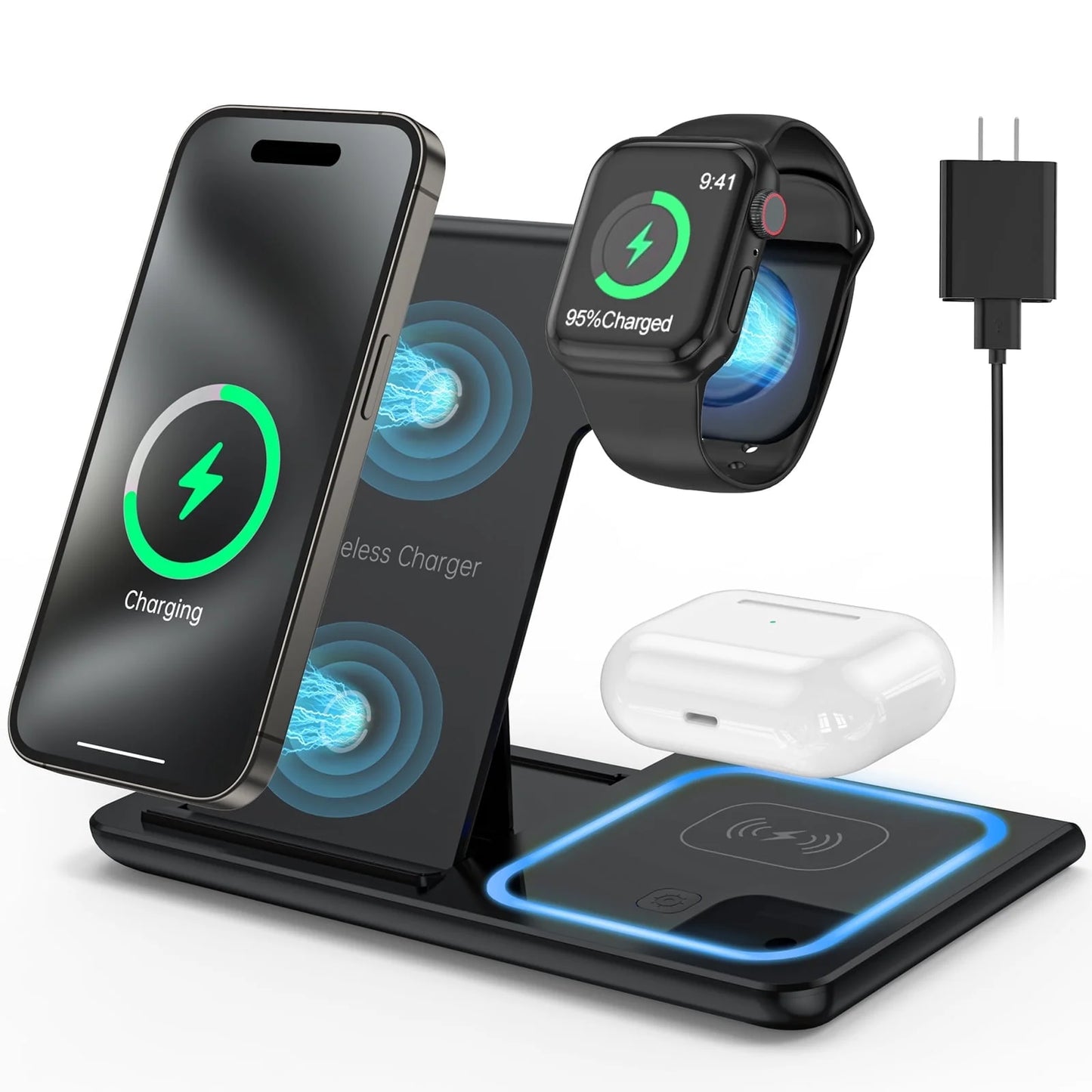 Wireless Charger, 18W Fast Iphone Charging Station for Iphone 16/15/14/13/12 /11/Pro Max/Plus, 3 in 1 Wireless Charging Stand for Apple Watch Series SE 10/9/8/7/6/5/4/3, Airpods Pro/3/2 (W/ QC3.0 Adapter)