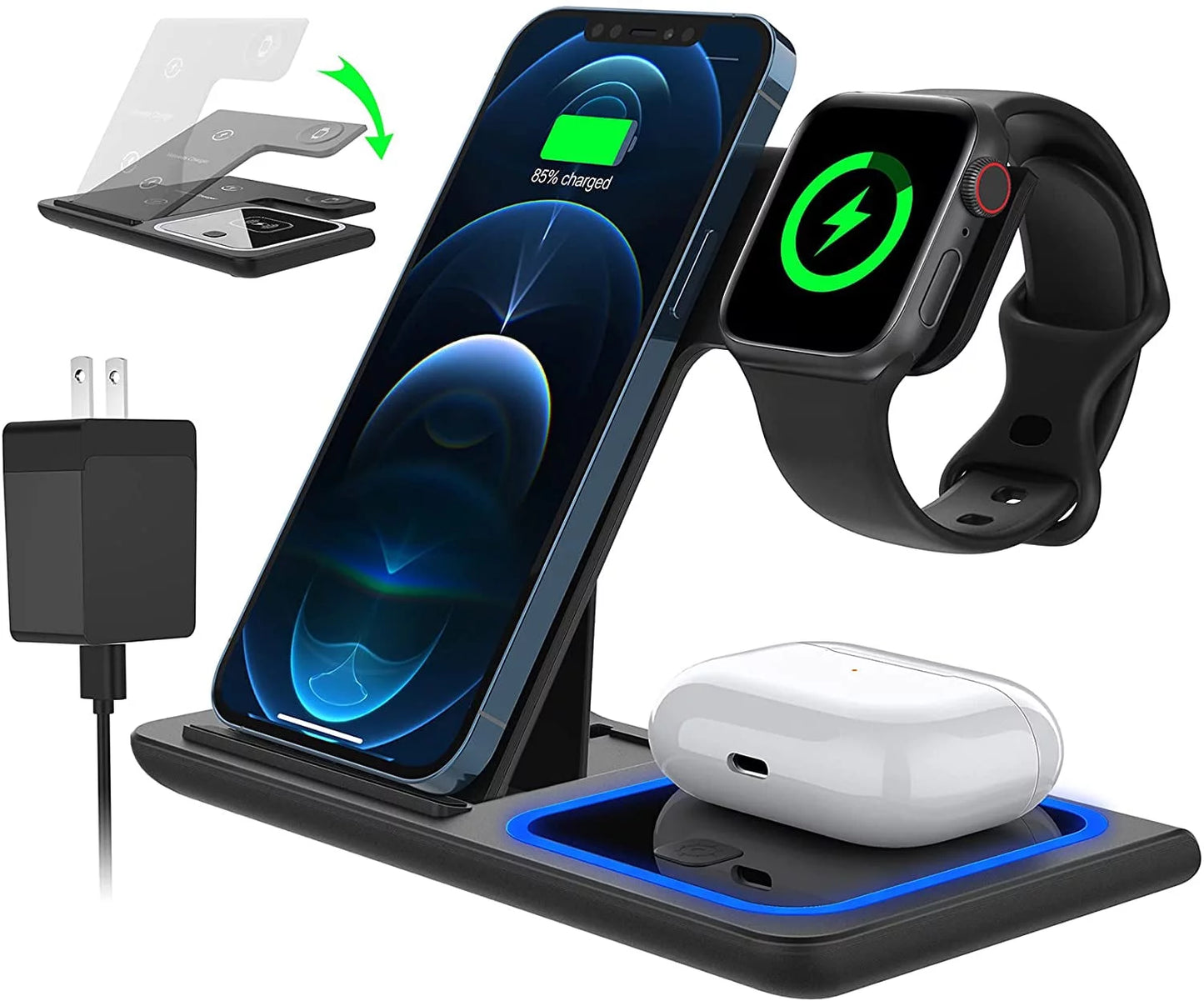 Wireless Charger, 18W Fast Iphone Charging Station for Iphone 16/15/14/13/12 /11/Pro Max/Plus, 3 in 1 Wireless Charging Stand for Apple Watch Series SE 10/9/8/7/6/5/4/3, Airpods Pro/3/2 (W/ QC3.0 Adapter)